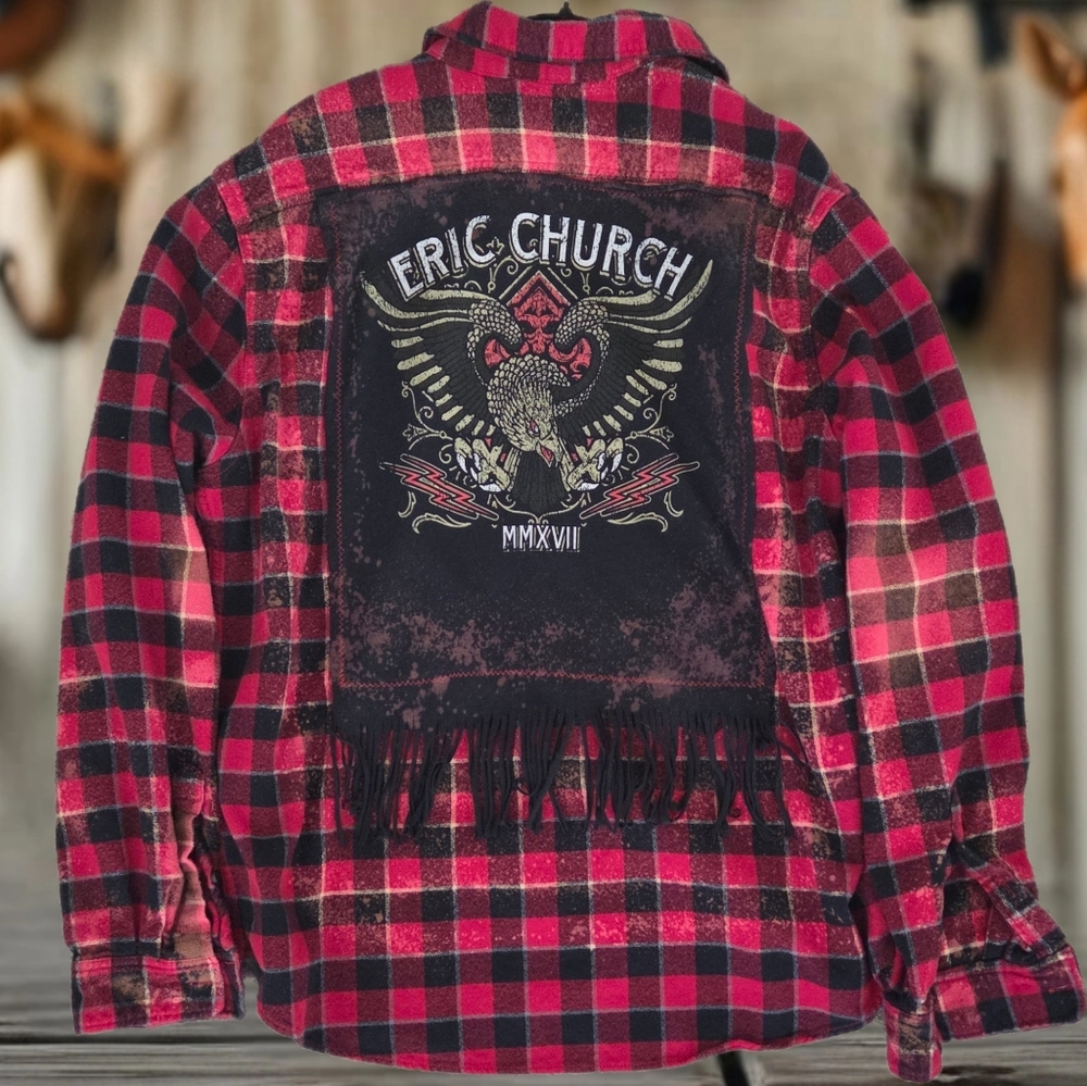 Upcycled ERIC CHURCH distressed Plaid Fringe Flannel Shirt